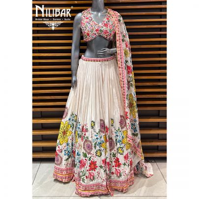 Off White Printed Crepe Lehenga