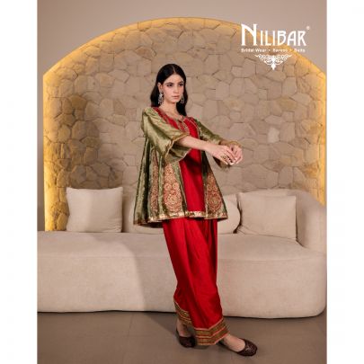Red & Pista Silk Kurta Paired With Patiala Salwar and Crush Tissue Dupatta