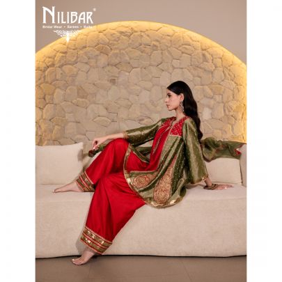 Red & Pista Silk Kurta Paired With Patiala Salwar and Crush Tissue Dupatta