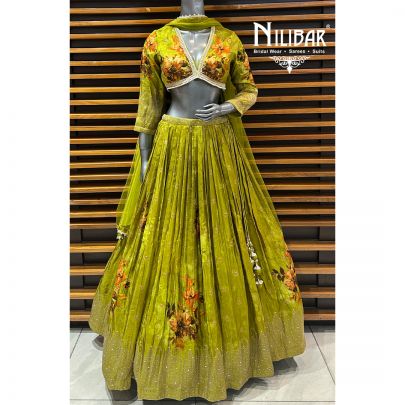 Mehandi Green Printed Lamé Silk Lehenga