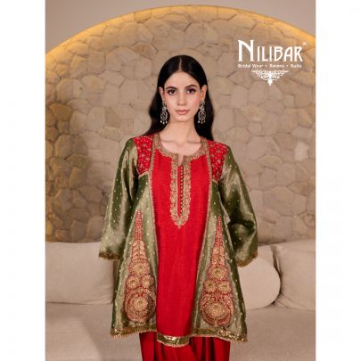 Red & Pista Silk Kurta Paired With Patiala Salwar and Crush Tissue Dupatta