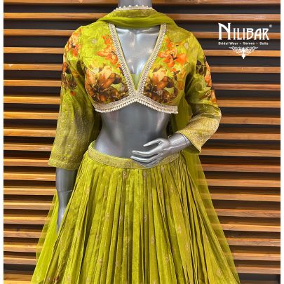 Mehandi Green Printed Lamé Silk Lehenga