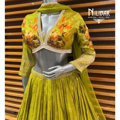 Mehandi Green Printed Lamé Silk Lehenga