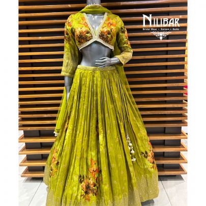 Mehandi Green Printed Lamé Silk Lehenga