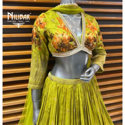 Mehandi Green Printed Lamé Silk Lehenga