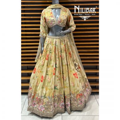 Light Beige Printed Lamé Silk Lehenga