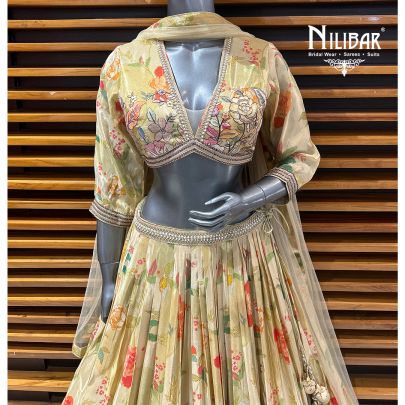 Light Beige Printed Lamé Silk Lehenga