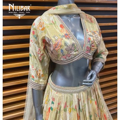 Light Beige Printed Lamé Silk Lehenga
