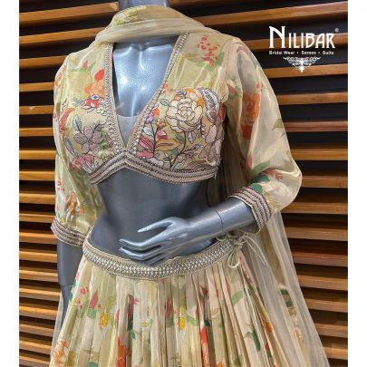 Light Beige Printed Lamé Silk Lehenga