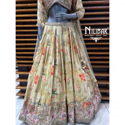 Light Beige Printed Lamé Silk Lehenga