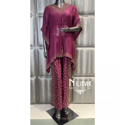 Wine Georgette Embroidered Kaftan Set