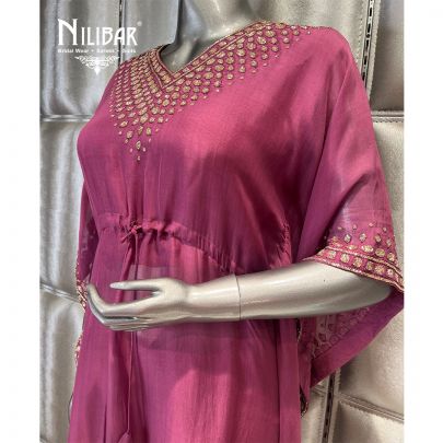 Wine Georgette Embroidered Kaftan Set