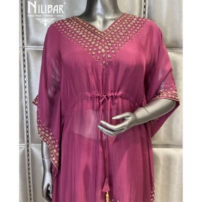 Wine Georgette Embroidered Kaftan Set