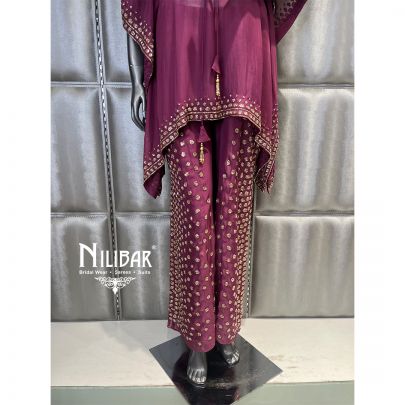 Wine Georgette Embroidered Kaftan Set