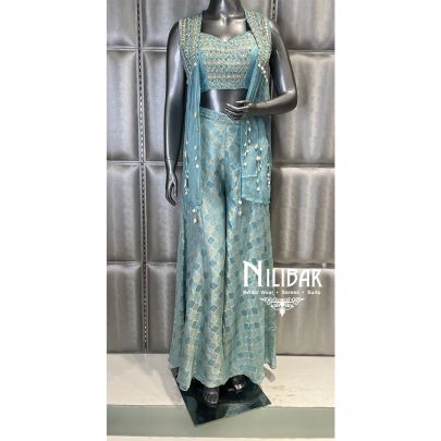 Sky Blue Silk Embroidered Cape Set