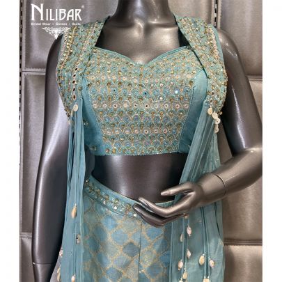 Sky Blue Silk Embroidered Cape Set