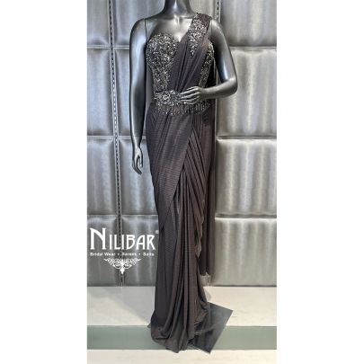 Grey Lycra Embroidered Drape Saree