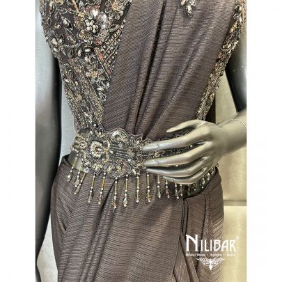 Grey Lycra Embroidered Drape Saree
