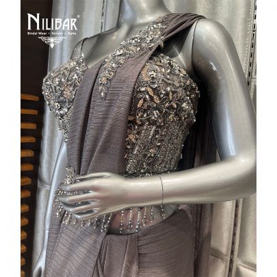 Grey Lycra Embroidered Drape Saree