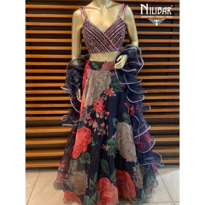Navy Blue Organza Lehenga