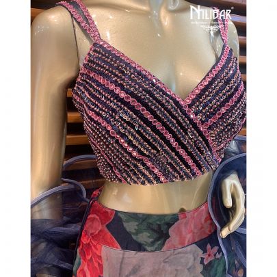 Navy Blue Organza Lehenga