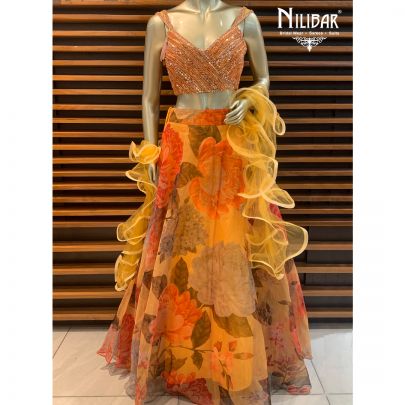 Mustard Orange Organza Lehenga