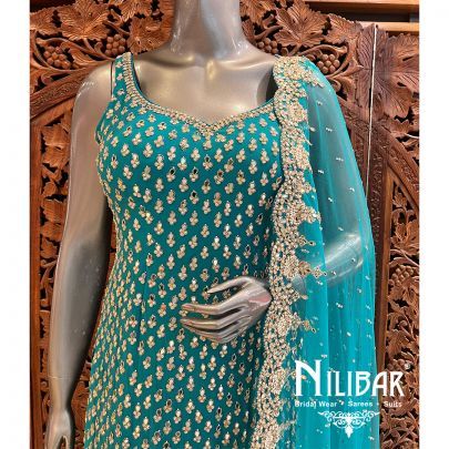 Turquoise Blue Silk Palazzo Suit Set With Dupatta