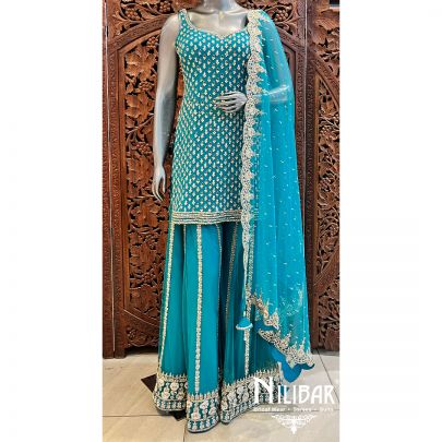 Turquoise Blue Silk Palazzo Suit Set With Dupatta