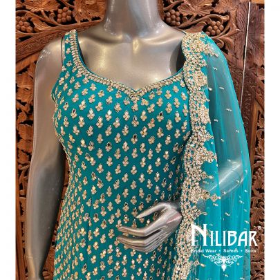 Turquoise Blue Silk Palazzo Suit Set With Dupatta