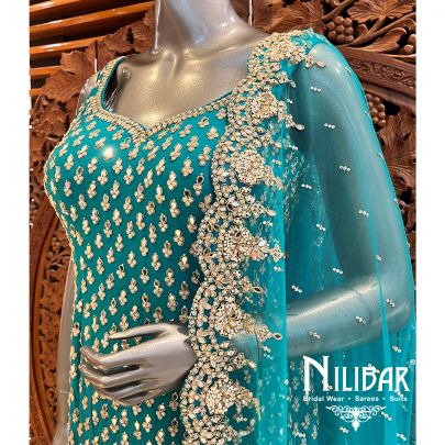 Turquoise Blue Silk Palazzo Suit Set With Dupatta