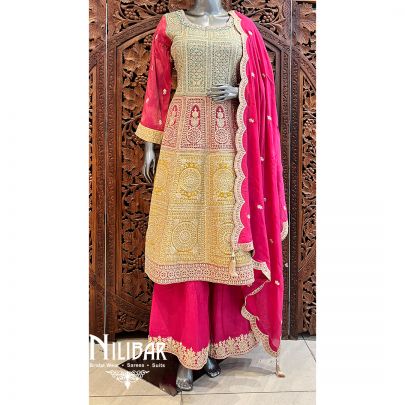 Hot Pink Chinon Palazzo Suit Set With Dupatta