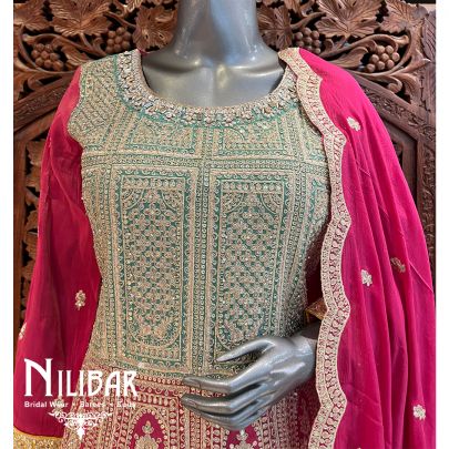 Hot Pink Chinon Palazzo Suit Set With Dupatta