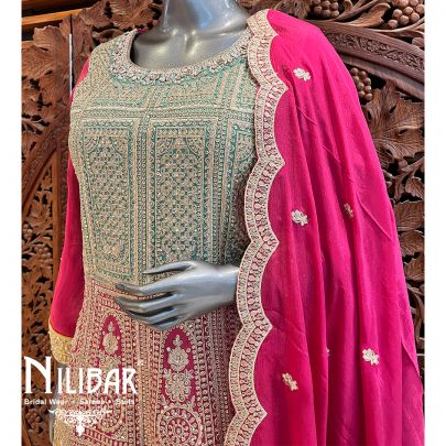 Hot Pink Chinon Palazzo Suit Set With Dupatta