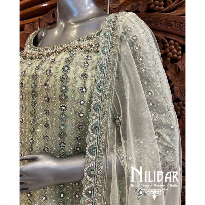 Pista Green Net Palazzo Suit Set With Dupatta
