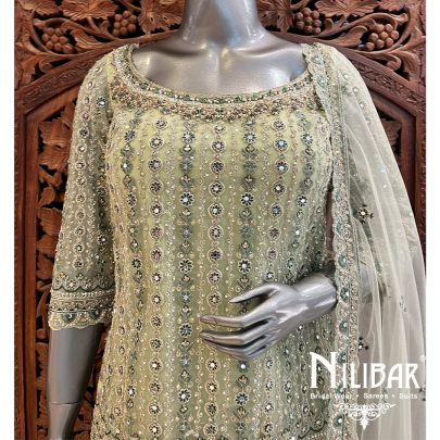Pista Green Net Palazzo Suit Set With Dupatta