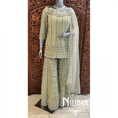 Pista Green Net Palazzo Suit Set With Dupatta
