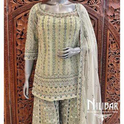 Pista Green Net Palazzo Suit Set With Dupatta