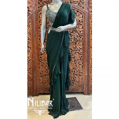 Bottle Green Georgette Pre-Stitched Saree