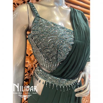 Bottle Green Georgette Pre-Stitched Saree