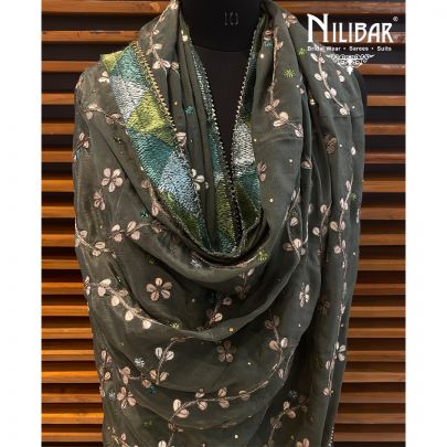 Olive Green Chinon Phulkari Dupatta
