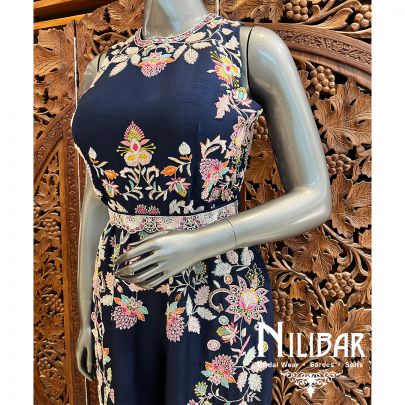 Navy Blue Raw Silk Jumpsuit