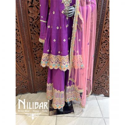 Purple And Blush Pink Chinon Net Palazzo Suit
