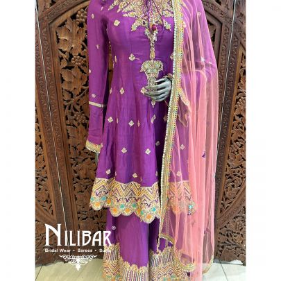 Purple And Blush Pink Chinon Net Palazzo Suit