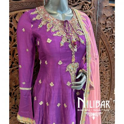 Purple And Blush Pink Chinon Net Palazzo Suit