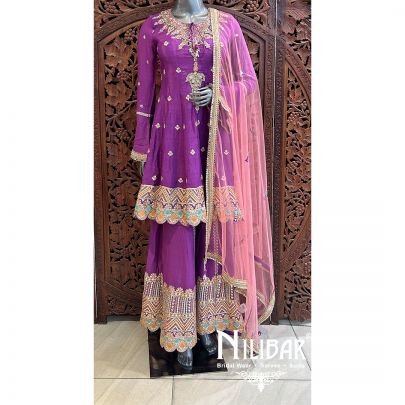 Purple And Blush Pink Chinon Net Palazzo Suit