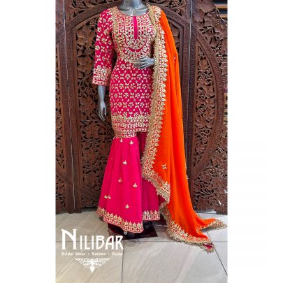 Orange And Magenta Pink Crepe Chinon Garara Suit