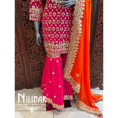 Orange And Magenta Pink Crepe Chinon Garara Suit