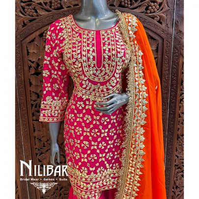 Orange And Magenta Pink Crepe Chinon Garara Suit