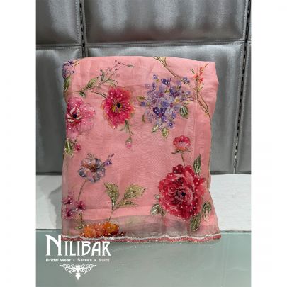 Pink Organza Floral embroidered Unstitched Suit