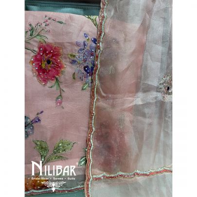Pink Organza Floral embroidered Unstitched Suit